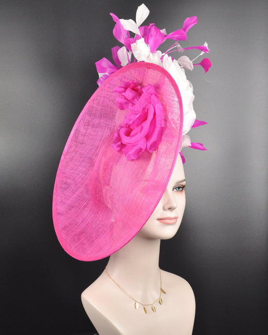 Hot Pink Sinamay Fascinator Hat: Silk & Feather Flowers, Derby Tea Party Headwear