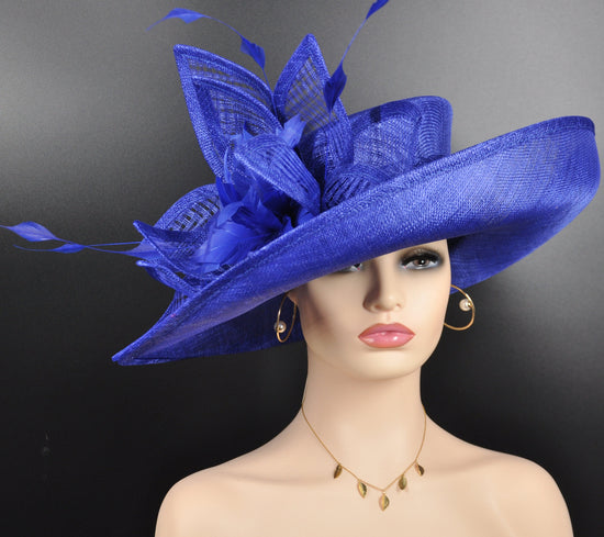 Royal Blue Sinamay Kentucky Derby Hat: Wide Brim Feathered Ascot Hat