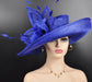 Royal Blue Sinamay Kentucky Derby Hat: Wide Brim Feathered Ascot Hat