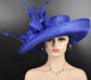 Royal Blue Sinamay Kentucky Derby Hat: Wide Brim Feathered Ascot Hat