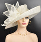 Ivory Sinamay Derby Hat: Wide Brim Feathered Ascot Hat