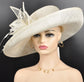 Ivory Sinamay Derby Hat: Wide Brim Feathered Ascot Hat