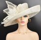 Ivory Sinamay Derby Hat: Wide Brim Feathered Ascot Hat