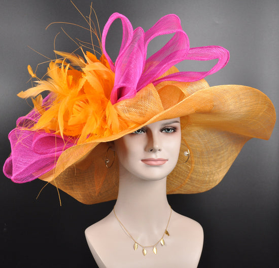 Orange Sinamay Kentucky Derby Hat: Fuchsia Pink Bow & Feather Flower