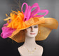 Orange Sinamay Kentucky Derby Hat: Fuchsia Pink Bow & Feather Flower