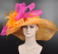 Orange Sinamay Kentucky Derby Hat: Fuchsia Pink Bow & Feather Flower