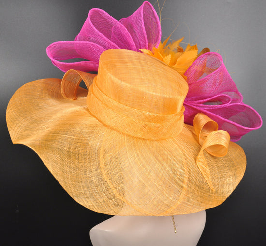 Orange Sinamay Derby Hat: Fuchsia Pink Bow & Feather Flower