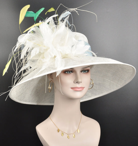 Wide Brim Sinamay Derby Hat: White Feather Flowers, Powder Blue Trim