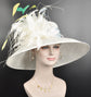 Wide Brim Sinamay Derby Hat: White Feather Flowers, Powder Blue Trim
