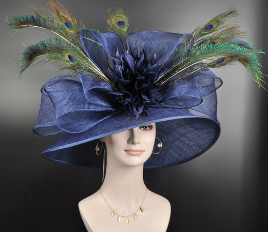 Navy Blue Sinamay Kentucky Derby Hat: Peacock Feather Church Wedding Hat