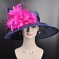 Navy Blue with Hot Pink  Feather Flowers  Kentucky Derby,Tea Party Carriage Party  Royal AscotWide Brim  Sinamay Hat
