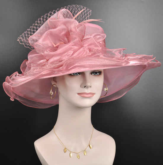 Blush Pink Organza Derby Hat: Medium Brim Flower Church Hat