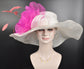 White, Pink Silk Flower Wide Brim Kentucky Derby Hat, Ascot Hat for Wedding & Tea Party, Garden Party Hat, Mother of the Bride, Church