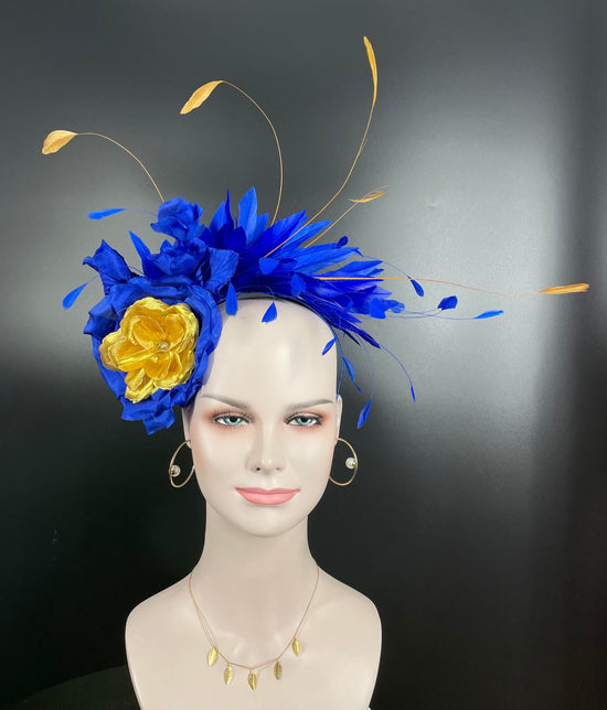 Royal Blue & Gold Flower Fascinator: Derby Hat