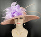 Blush Pink Sinamay Kentucky Derby Hat: Lavender Feather Flower Wide Brim