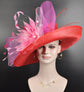 Church,  Kentucky Derby Hat,  Carriage, Tea Party, Wedding, Wide Brim Sinamay Hat Red w Fuchsia Hot Pink Pink Feather Flower Bows 3 Layers