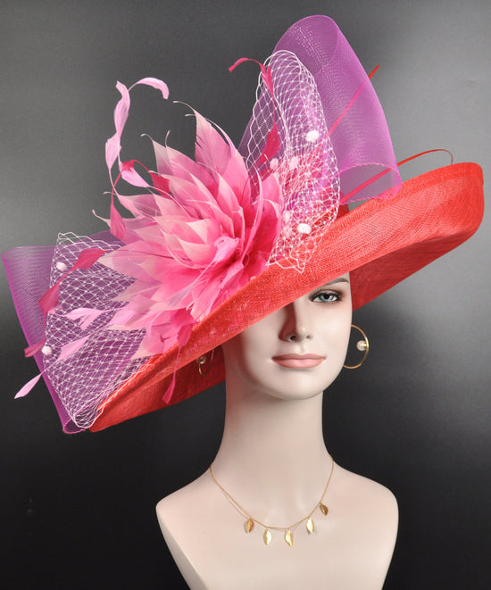 Church,  Kentucky Derby Hat,  Carriage, Tea Party, Wedding, Wide Brim Sinamay Hat Red w Fuchsia Hot Pink Pink Feather Flower Bows 3 Layers