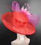 Church,  Kentucky Derby Hat,  Carriage, Tea Party, Wedding, Wide Brim Sinamay Hat Red w Fuchsia Hot Pink Pink Feather Flower Bows 3 Layers