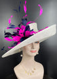 Church Kentucky Derby Hat Carriage Tea Party Wedding Wide Brim Sinamay Hat White W Navy Blue Fuchsia Feather Flower