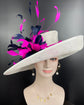 White, Navy, & Fuchsia Feather Flower Wide Brim Sinamay Hat For Kentucky Derby, Ascot Royal, Mother of The Bride, Church, Tea Garden Party