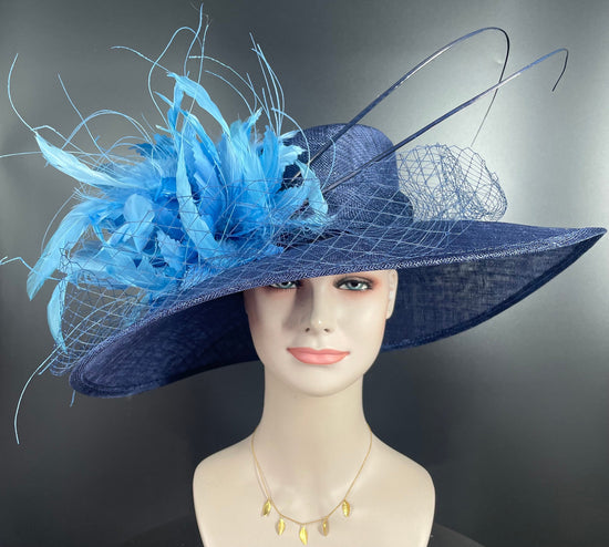 Navy Blue Sinamay Derby Hat: Feather Flower & Ostrich Quills