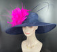 Navy Blue w Fuchsia Pink Wide Brim Sinamay Hat Church Kentucky Derby Hat Carriage Tea Party Wedding Feather Flower and Ostrich Quills