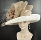 Wide Brim Sinamay Derby Hat: White & Taupe Feather Church Hat