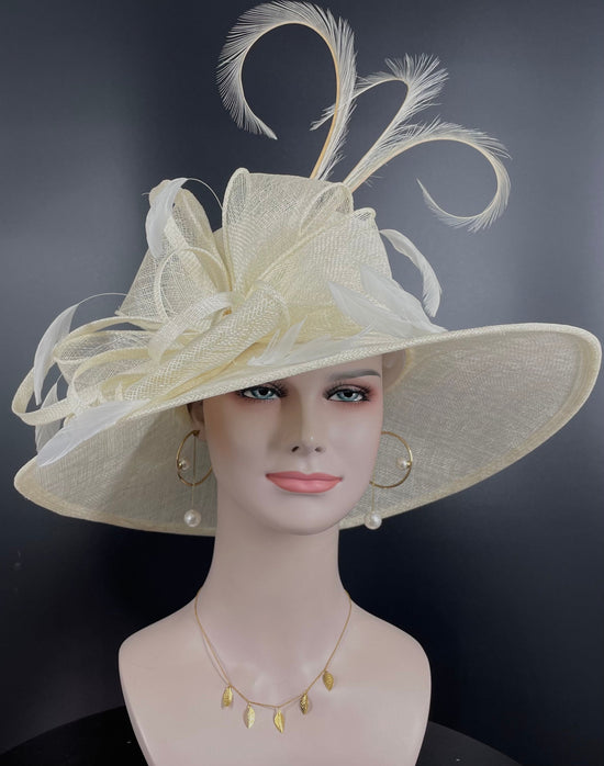 Ivory Sinamay Kentucky Derby Hat, Wide Brim Feathered Church Hat