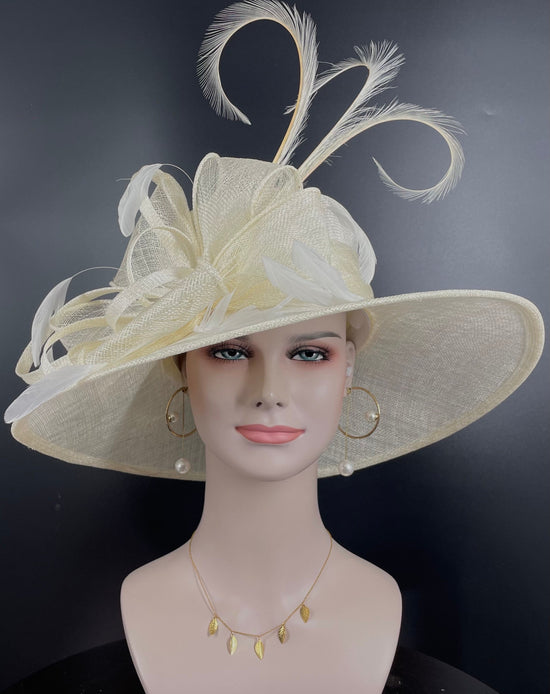 Ivory Sinamay Kentucky Derby Hat, Wide Brim Feathered Church Hat