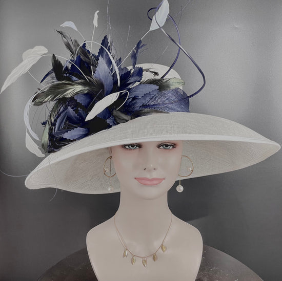 Wide Brim Sinamay Kentucky Derby Hat: White Feather Flowers