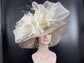 Wide Brim Sinamay Derby Hat: Taupe & Ivory Feather Church Hat