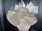 Wide Brim Sinamay Derby Hat: Taupe & Ivory Feather Church Hat