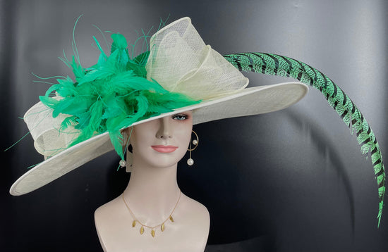 Wide Brim Kentucky Derby Hat: Ivory Sinamay with Green Feathers