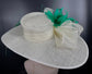 Wide Brim Kentucky Derby Hat: Ivory Sinamay with Green Feathers