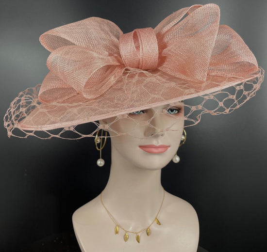 Sinamay Disc Fascinator Hat with  Jumbo Bows and netting Dusty Pink