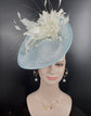 Powder Blue Sinamay Fascinator Hat: Ivory Goose Feather Flower
