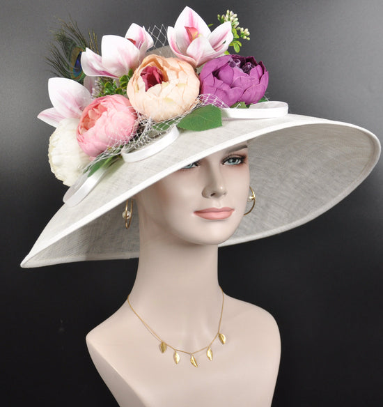 Wide Brim Sinamay Derby Hat: White Peony Orchid Design