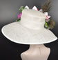 Wide Brim Sinamay Derby Hat: White Peony Orchid Design