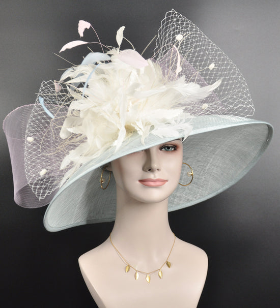Powder Blue Kentucky Derby Hat: Feather Flowers & Bows