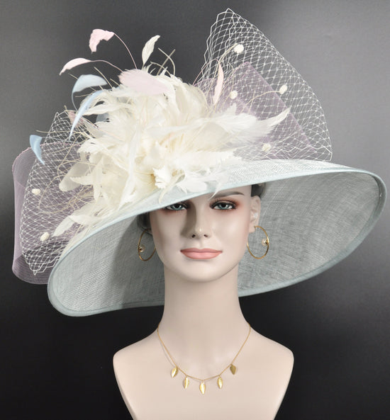 Powder Blue Derby Hat: Feather Flowers & Bows