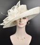 Ivory Sinamay Derby Hat: Wide Brim Feathered Ascot Hat