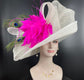 Wide Brim Sinamay Derby Hat: White, Fuchsia Feather Ascot Hat