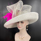 Wide Brim Sinamay Derby Hat: White, Fuchsia Feather Ascot Hat