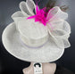 Wide Brim Sinamay Derby Hat: White, Fuchsia Feather Ascot Hat