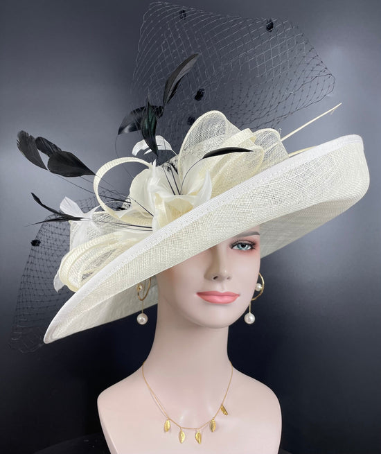 Church Kentucky Derby HatCarriage Tea Party Wedding Wide Brim  Royal Ascot Horse Race Oaks day hat Ivory with Black