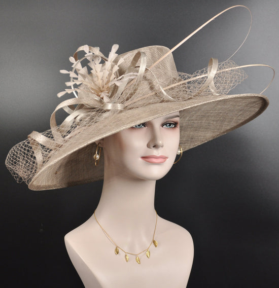 Taupe Wide Brim Sinamay Kentucky Derby Hat: Feather Flower Church Hat