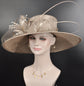 Taupe Wide Brim Sinamay Kentucky Derby Hat: Feather Flower Church Hat