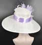 Sinamay Kentucky Derby Hat: White Wide Brim with Lavender Feather Flower