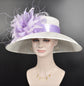 Sinamay Kentucky Derby Hat: White Wide Brim with Lavender Feather Flower