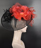 Black Sinamay Kentucky Derby Hat: Red Silk Flower Fascinator